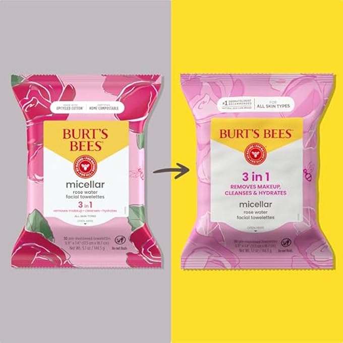 Burt's Bees ROSE WATER FACE WIPES, FOR ALL SKIN TYPES, HYDRATING MICELLAR MAKEUP REMOVER & FACIAL CLEANSING TOWELETTES, 30 CT (3-PACK) - Image 2